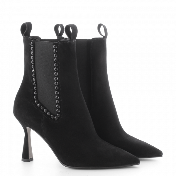 Suede Ankle Boot With Black Rhinetsones