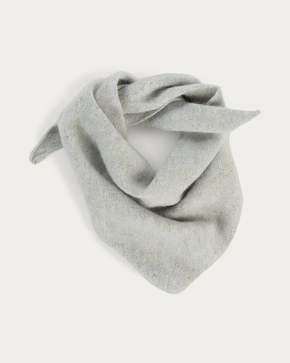 Le Bonnet Wool Bandana in Silver, a light grey knotted wool bandana, product photo on a soft off-white background