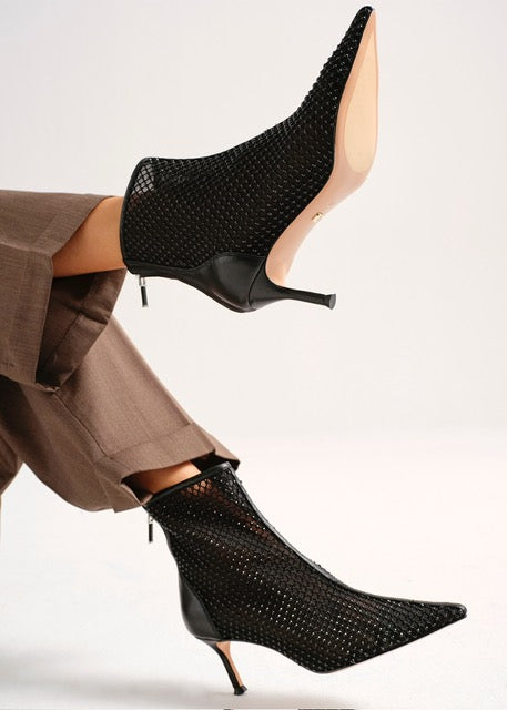 Black Net Boot With Crystals
