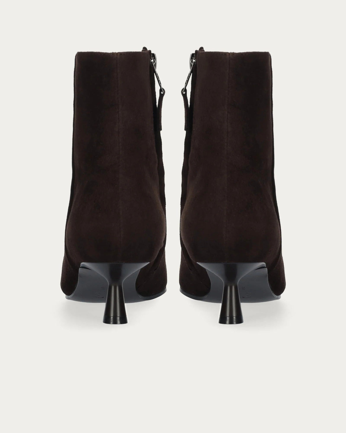 Bibi Lou Suede Ankle Boot In Marron, back view with side zip and stiletto heel