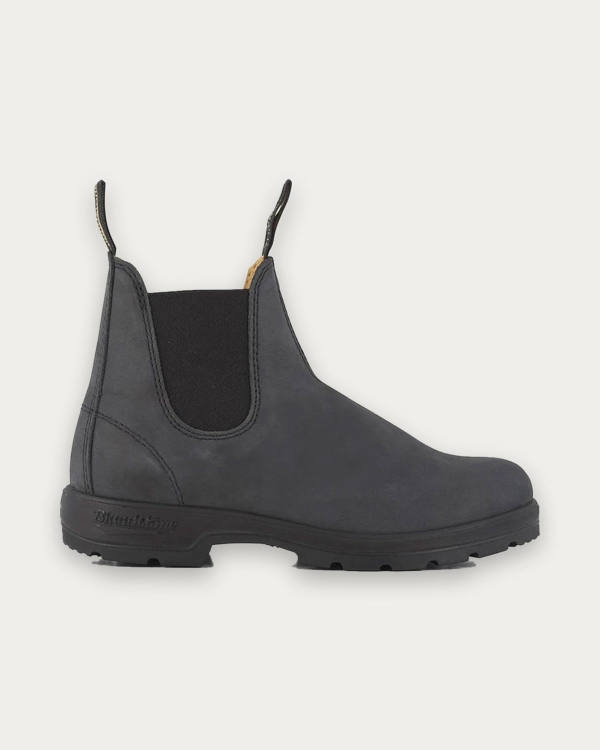 Blundstone 587 Rustic Black Chelsea Boot, side profile showing waxed nubuck leather and black elastic gusset