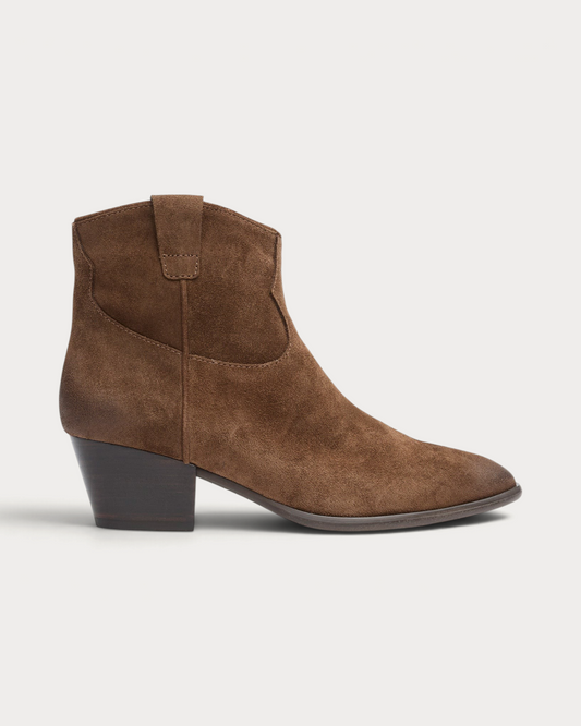 Amari Shoes & Fashion Cork Ash Fame mid-heel western boots in distressed mink leather with a side zip closure.