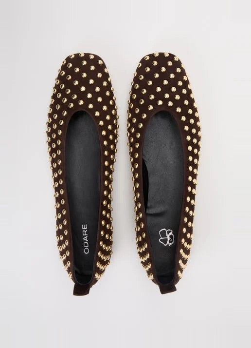 Studded Ballerina In Chocolate Suede