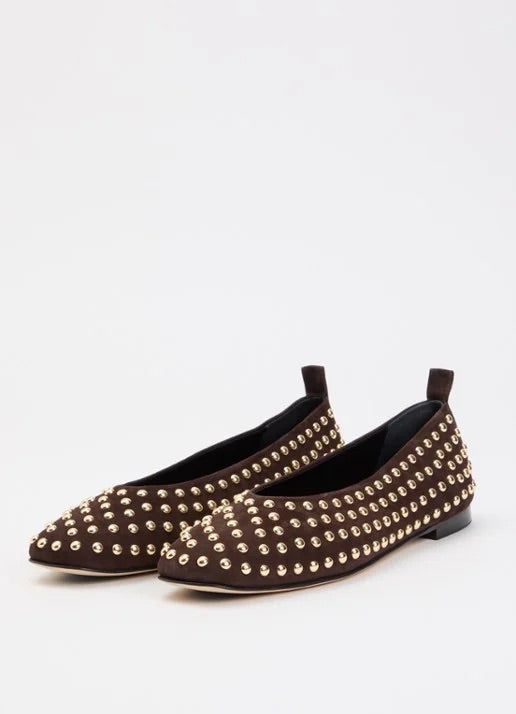Studded Ballerina In Chocolate Suede