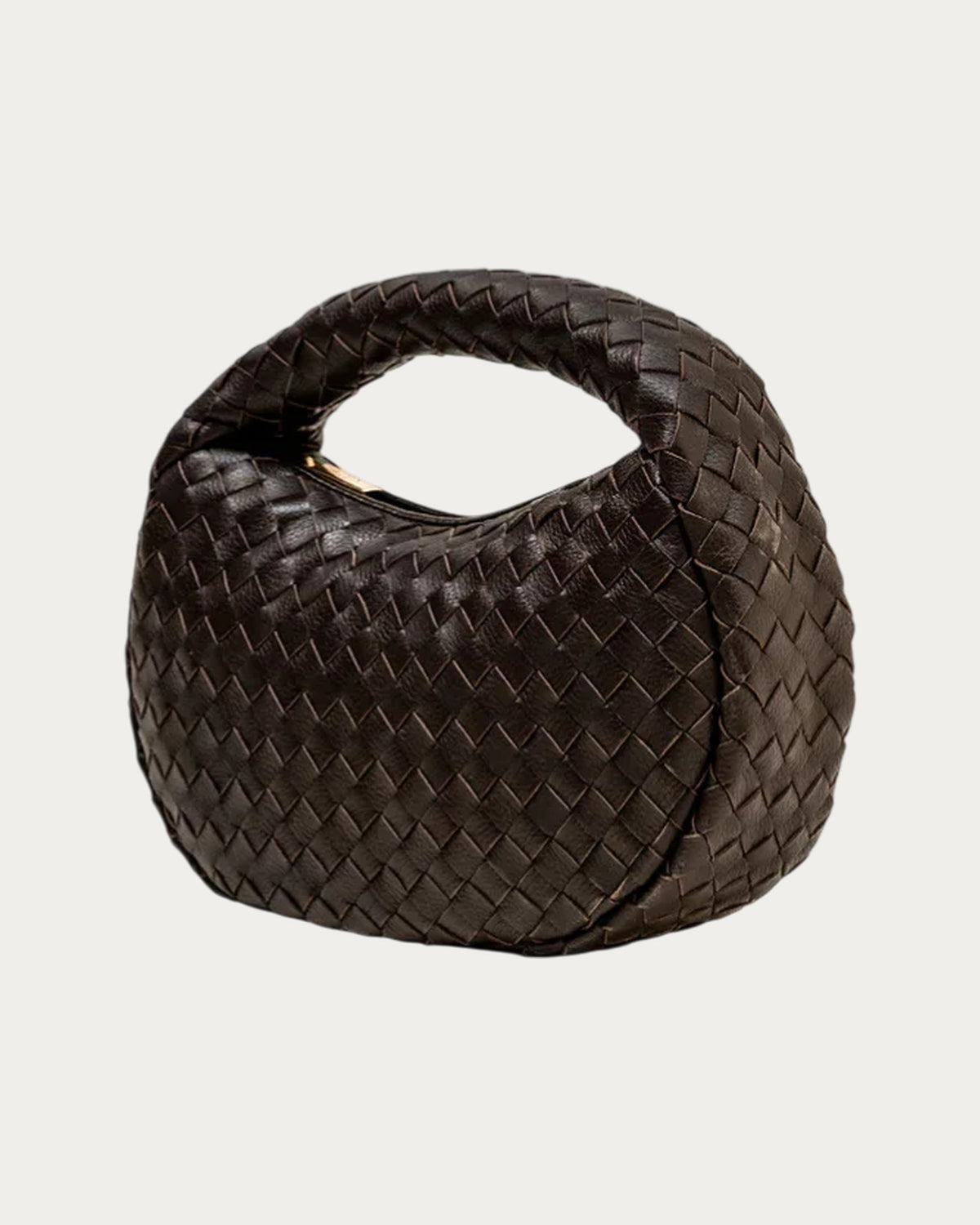 ALEO Laluna Mini Woven Shoulder Bag in Fondant, three-quarter view showing the woven handle, on soft stone background