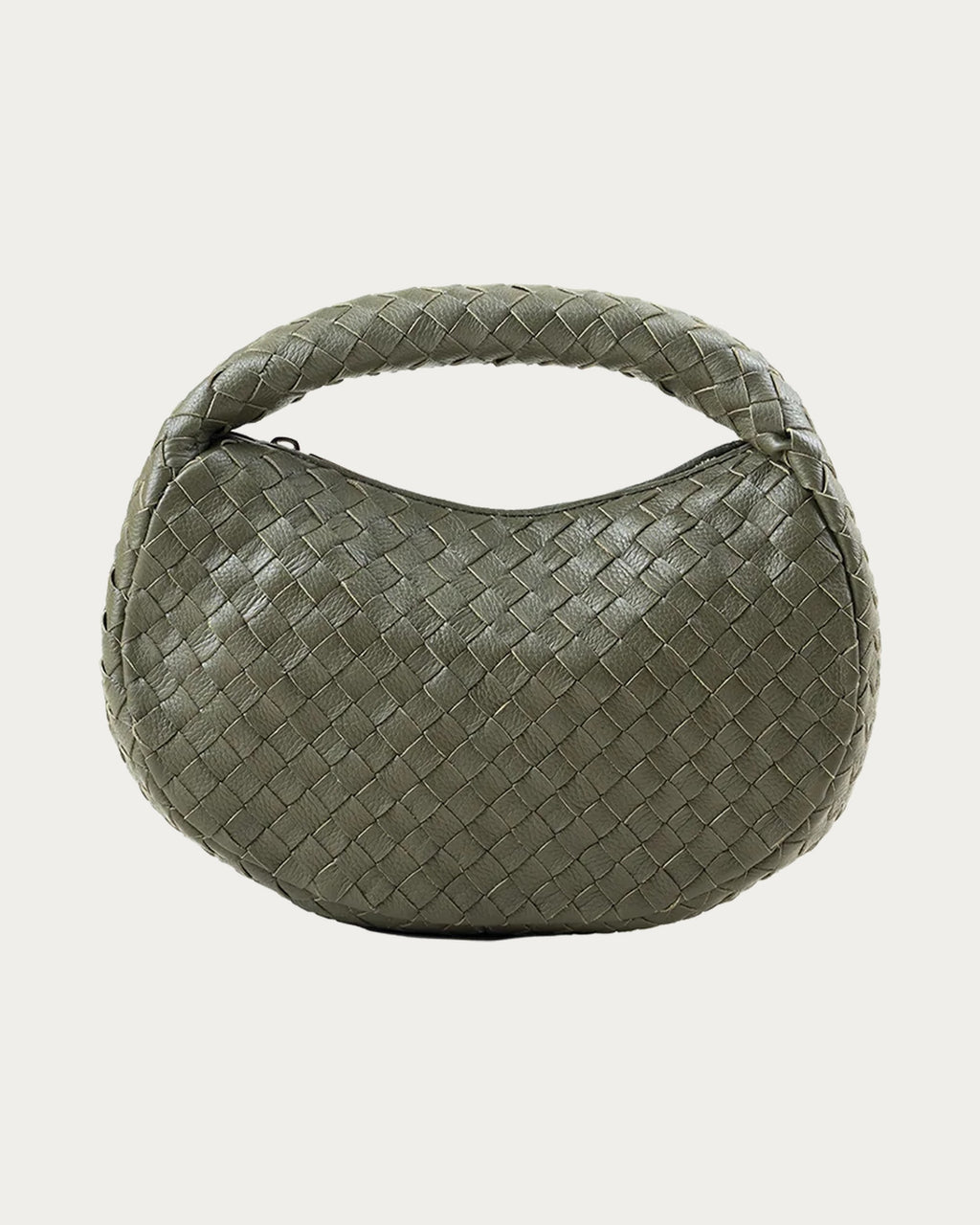 ALEO Laluna Mini Woven Shoulder Bag in Olive, front view on soft stone background