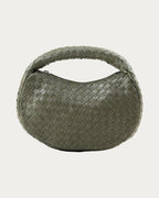 ALEO Laluna Mini Woven Shoulder Bag in Olive, front view on soft stone background