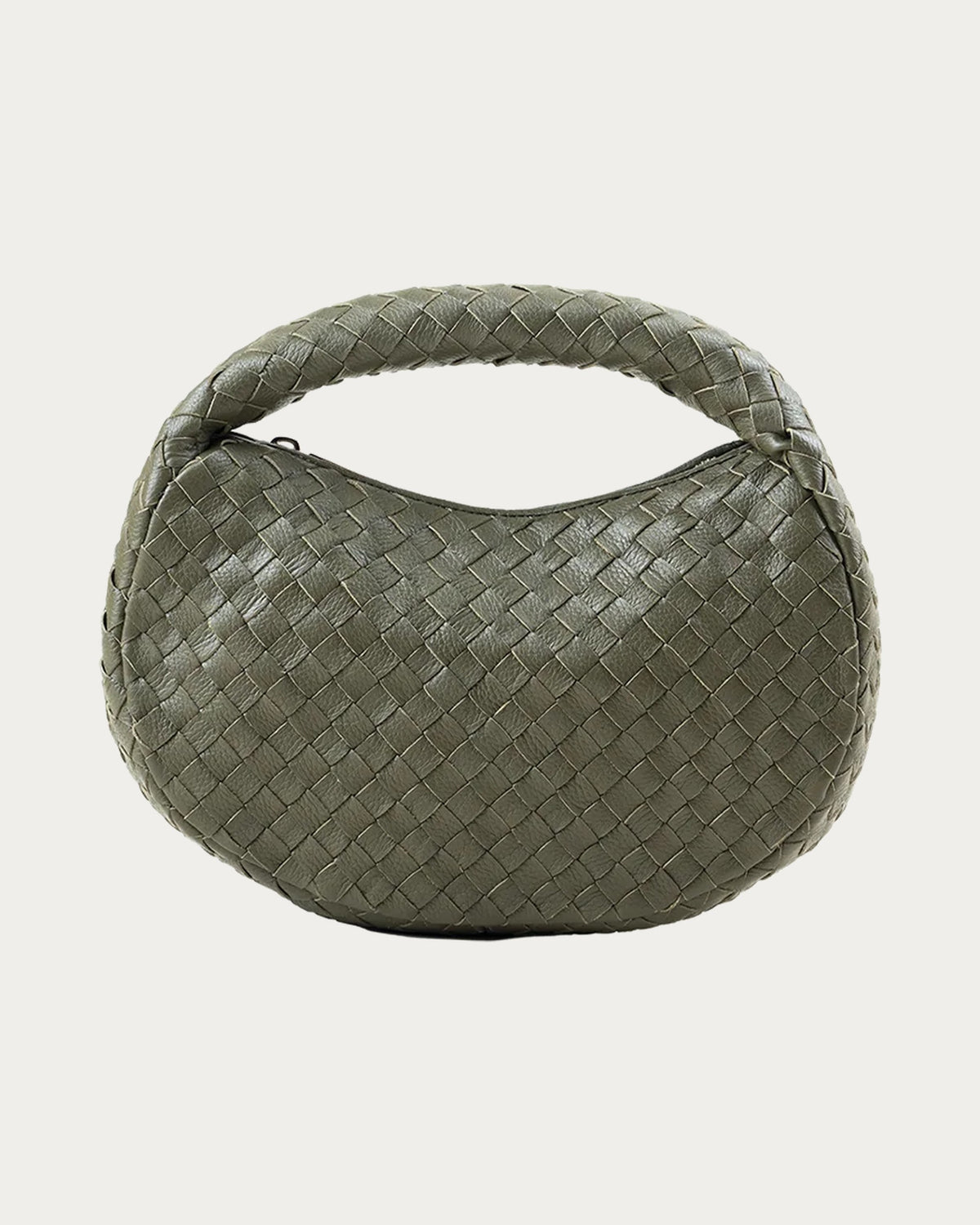 ALEO Laluna Mini Woven Shoulder Bag in Olive, front view on soft stone background