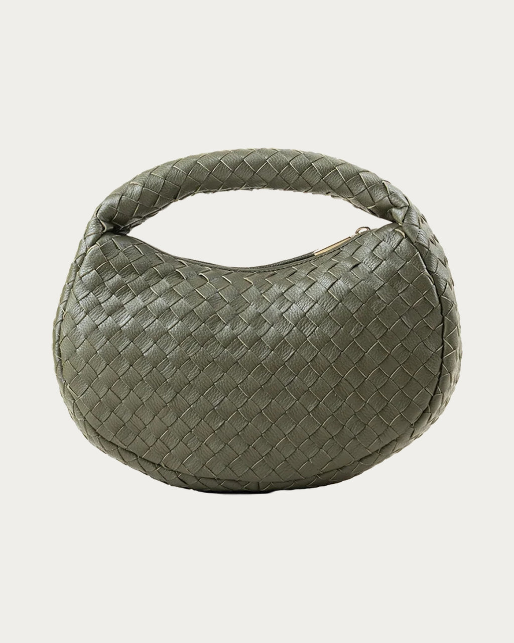 ALEO Laluna Mini Woven Shoulder Bag in Olive, front view showing the zip closure, on soft stone background