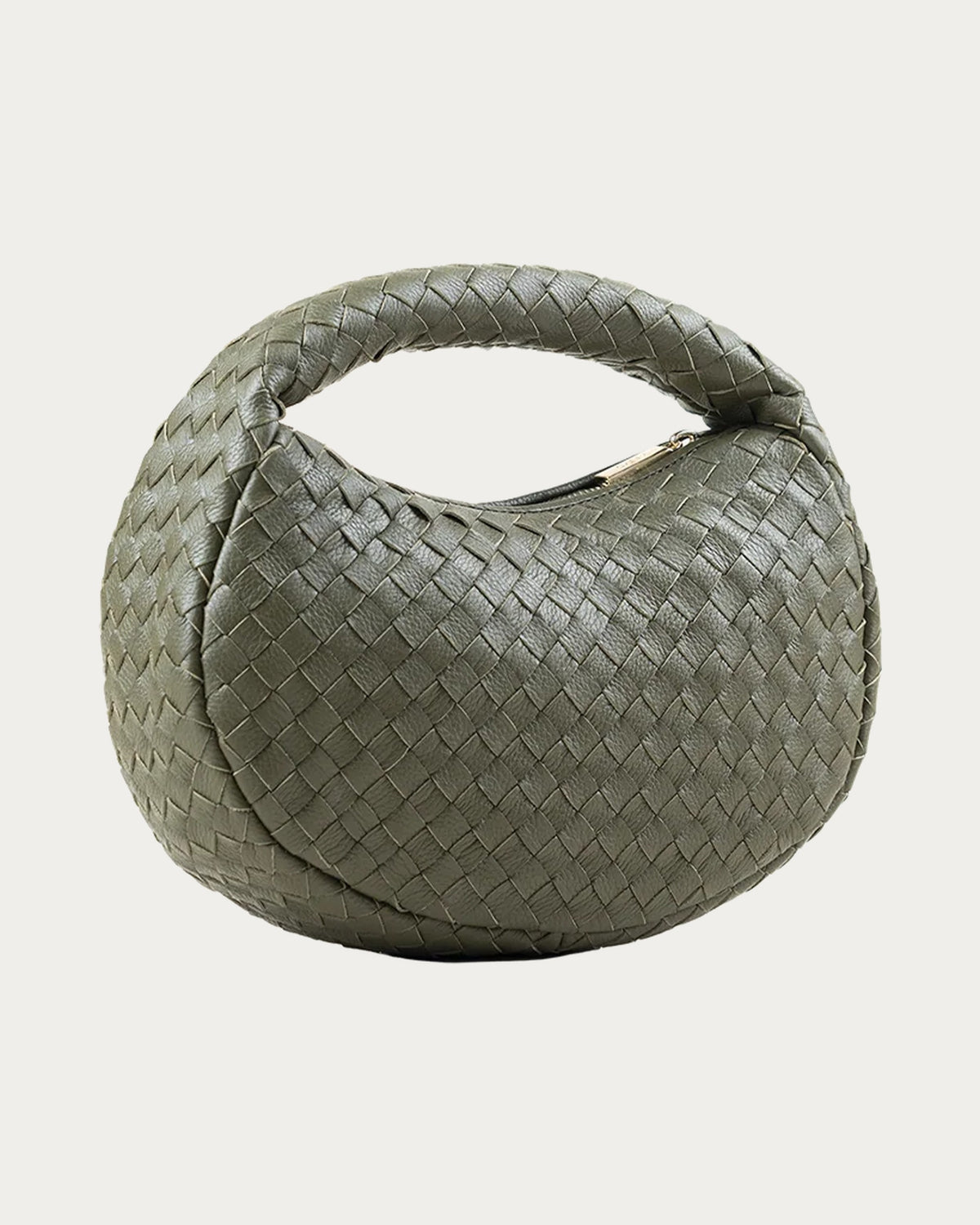 ALEO Laluna Mini Woven Shoulder Bag in Olive, three-quarter view, on soft stone background