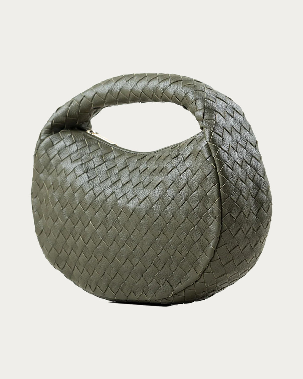 ALEO Laluna Mini Woven Shoulder Bag in Olive, three-quarter view showing the woven handle, on soft stone background