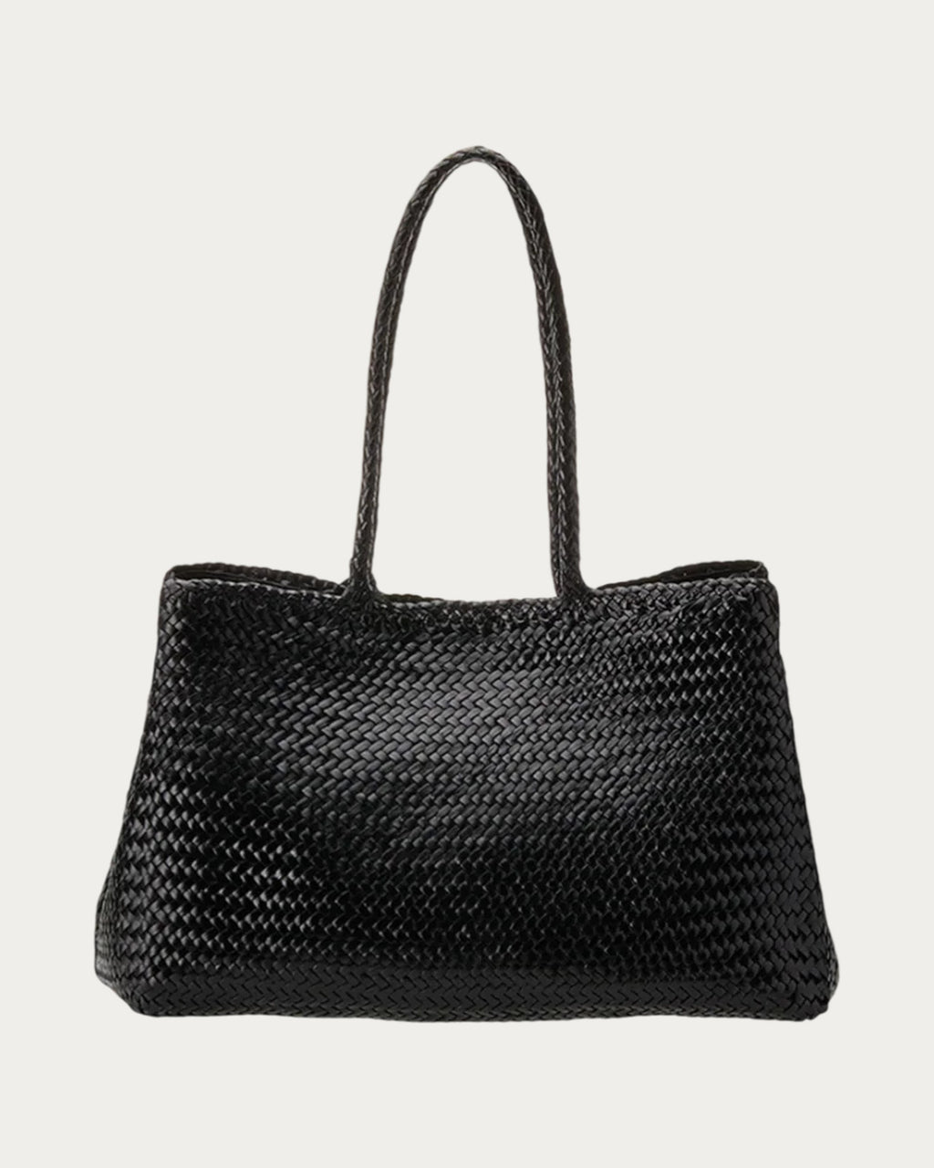 ALEO Romy Woven Tote in Black, front view with braided handles, on soft stone background