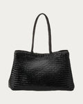 ALEO Romy Woven Tote in Black, front view with braided handles, on soft stone background