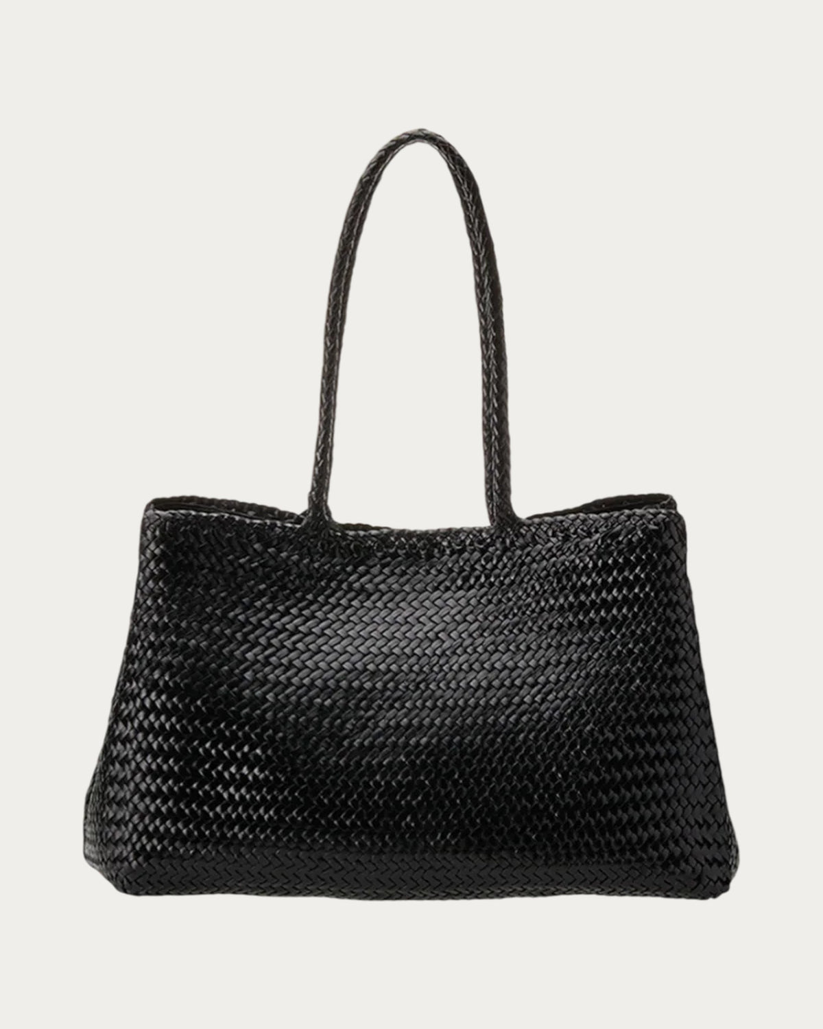 ALEO Romy Woven Tote in Black, front view with braided handles, on soft stone background