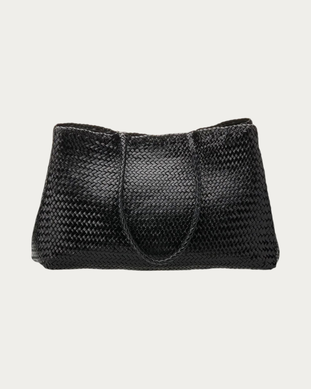 ALEO Romy Woven Tote in Black, front view with braided handles resting forward, on soft stone background