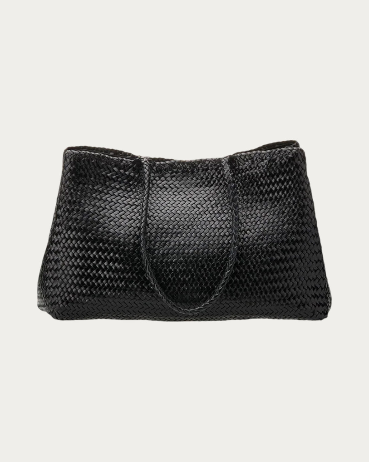 ALEO Romy Woven Tote in Black, front view with braided handles resting forward, on soft stone background