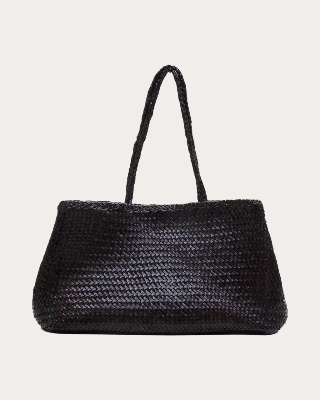 ALEO Romy Woven Tote in Crema, front view with braided handles upright, on soft stone background