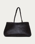 ALEO Romy Woven Tote in Crema, front view with braided handles upright, on soft stone background