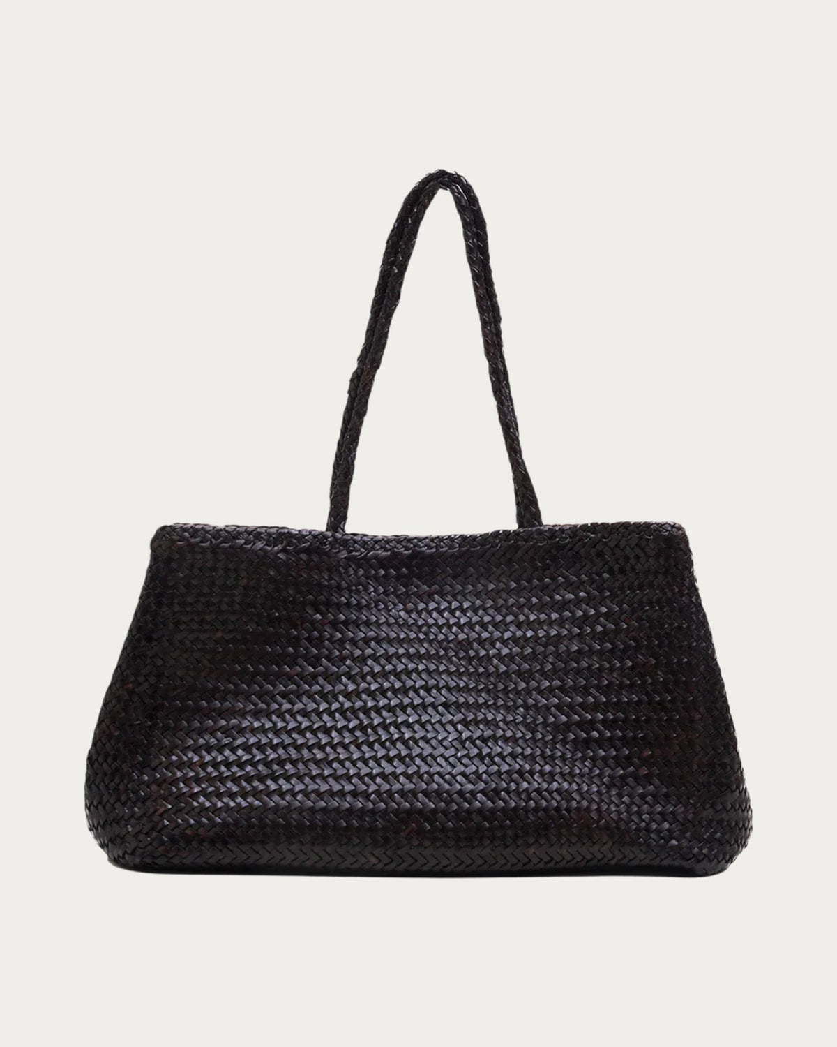 ALEO Romy Woven Tote in Crema, front view with braided handles upright, on soft stone background