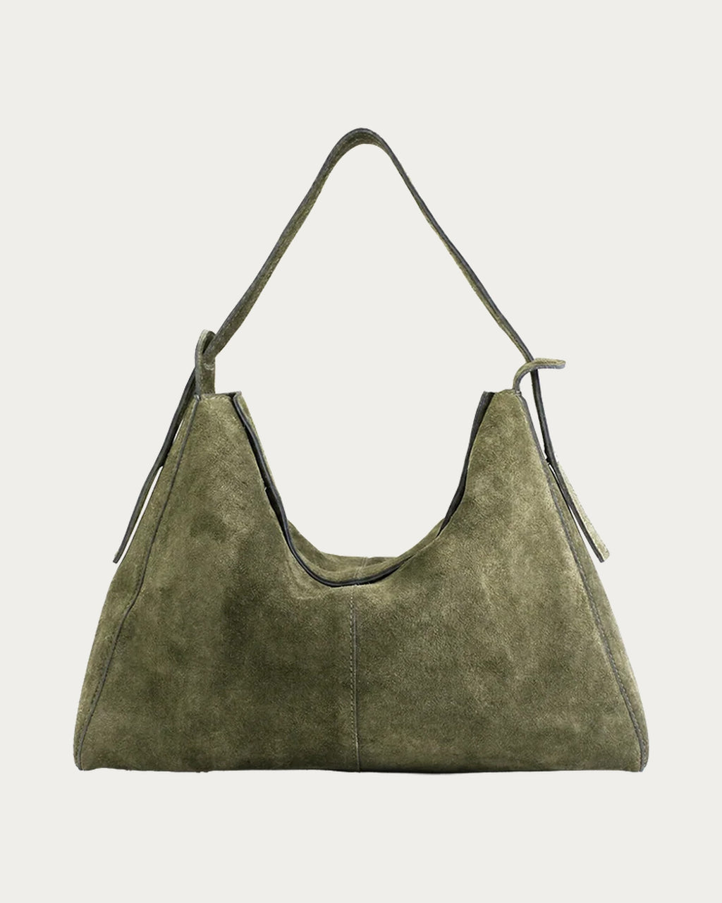 ALEO Shiloh Suede Shoulder Bag in Olive, front view on soft stone background