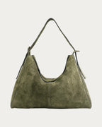 ALEO Shiloh Suede Shoulder Bag in Olive, front view on soft stone background