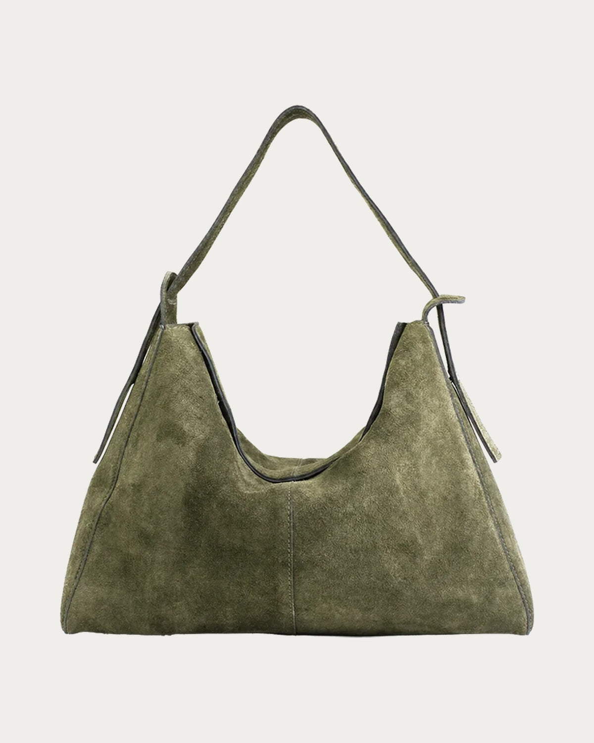 ALEO Shiloh Suede Shoulder Bag in Olive, front view on soft stone background