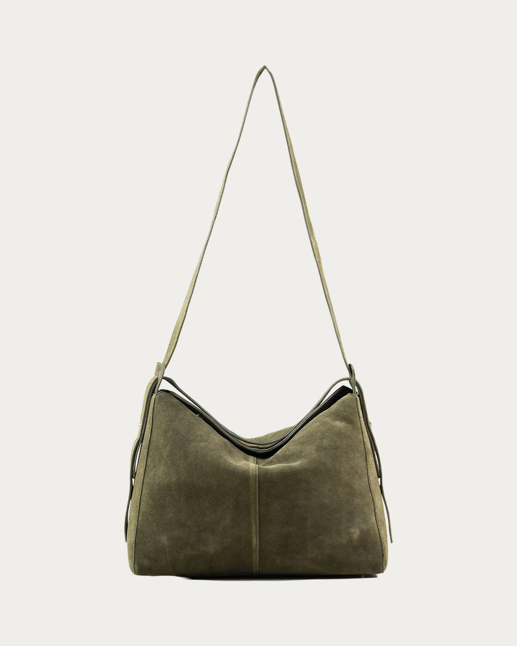 ALEO Shiloh Suede Shoulder Bag in Olive, front view with the long strap raised, on soft stone background