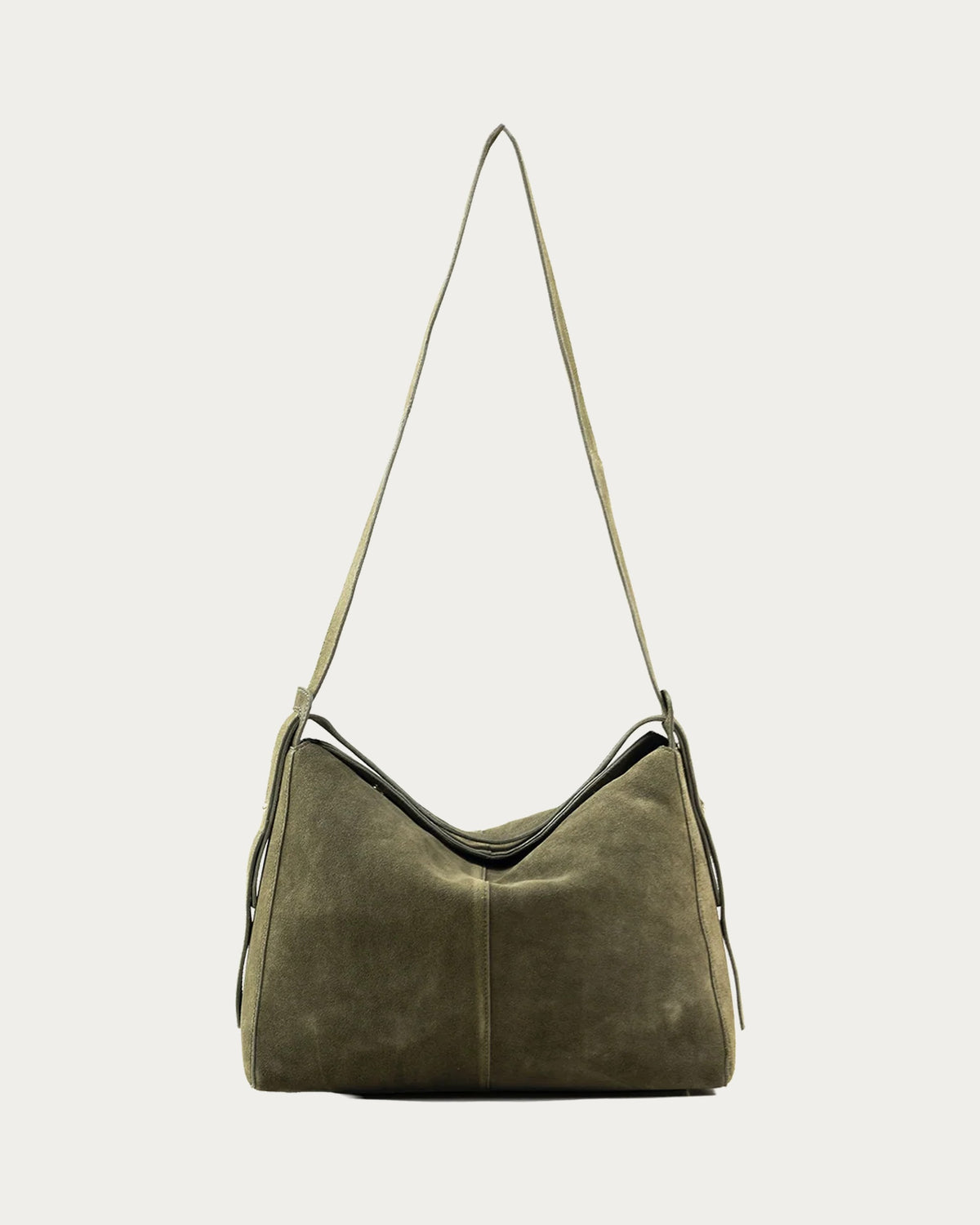 ALEO Shiloh Suede Shoulder Bag in Olive, front view with the long strap raised, on soft stone background