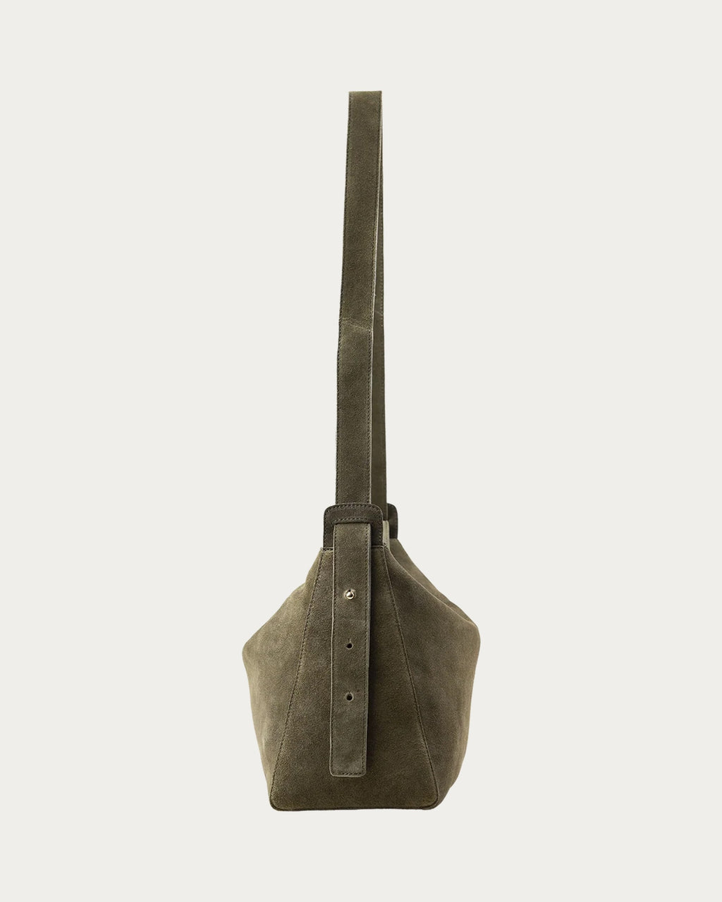 ALEO Shiloh Suede Shoulder Bag in Olive, side view showing the adjustable long strap, on soft stone background