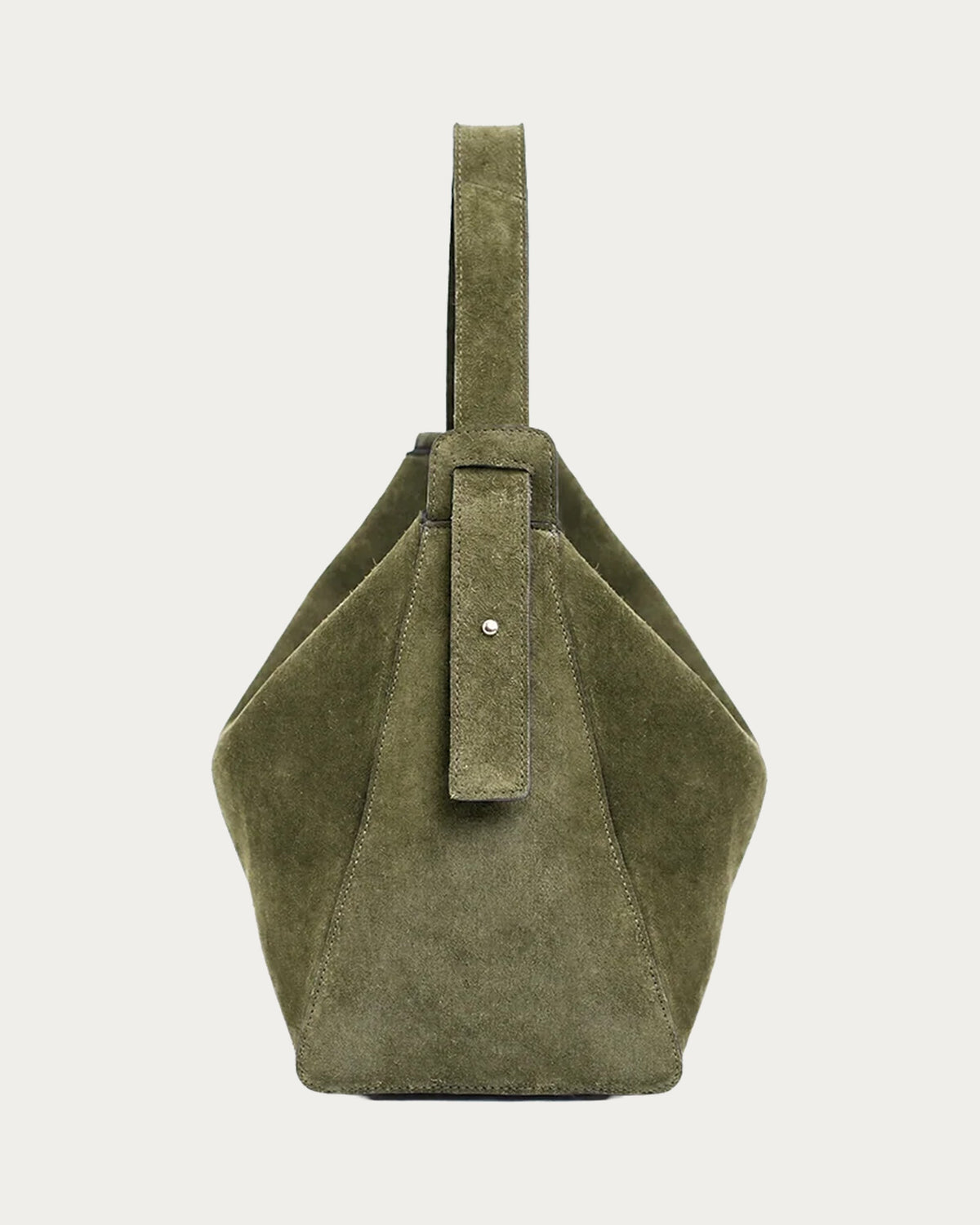 ALEO Shiloh Suede Shoulder Bag in Olive, side view showing the strap, on soft stone background