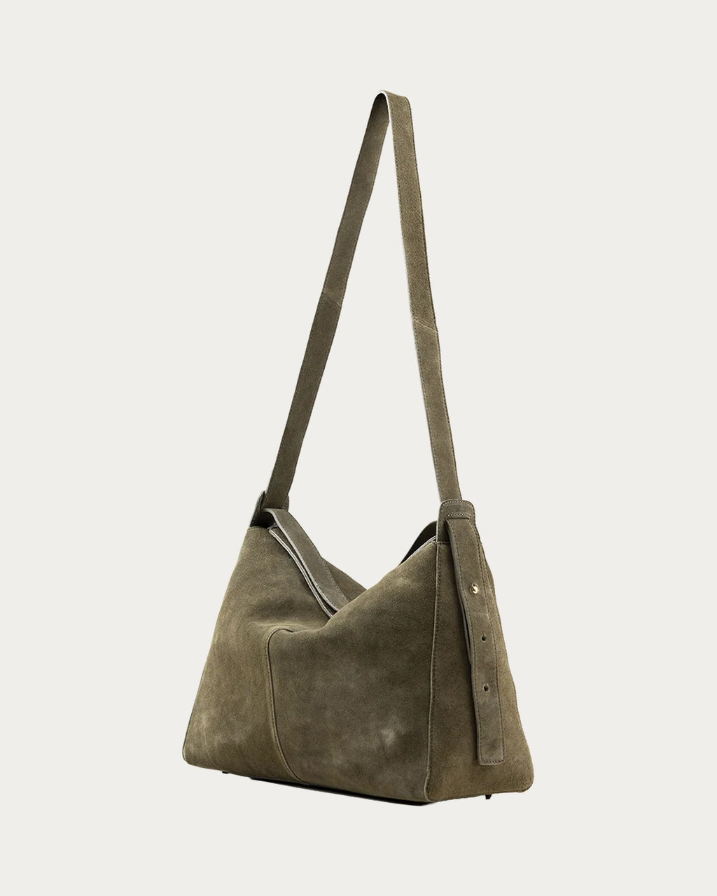 ALEO Shiloh Suede Shoulder Bag in Olive, three-quarter view with the long strap, on soft stone background