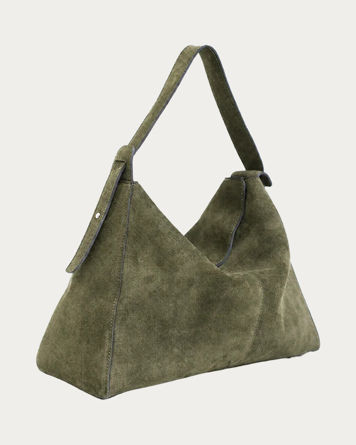 ALEO Shiloh Suede Shoulder Bag in Olive, three-quarter view, on soft stone background