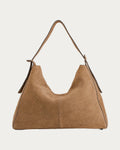 ALEO Shiloh Suede Shoulder Bag in Toffee, front view on soft stone background