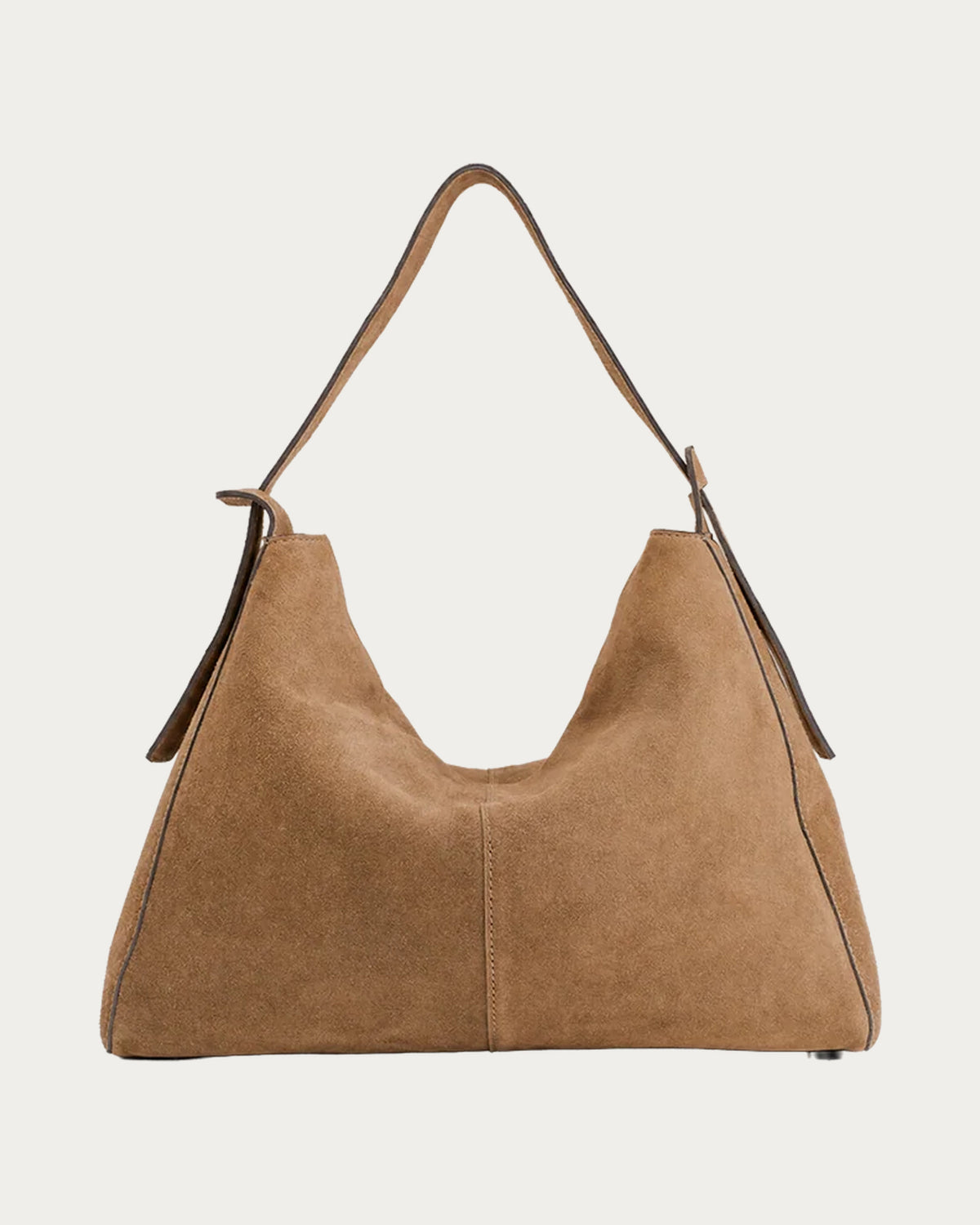 ALEO Shiloh Suede Shoulder Bag in Toffee, front view on soft stone background