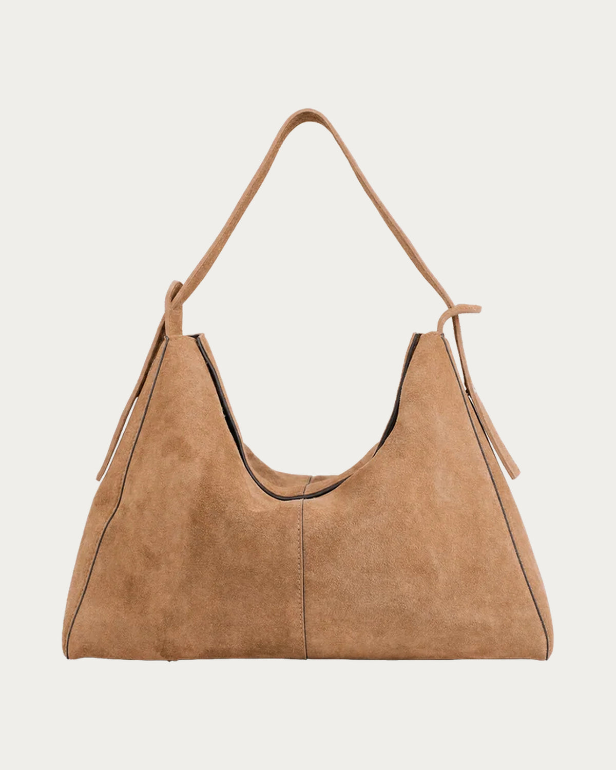 ALEO Shiloh Suede Shoulder Bag in Toffee, front view showing the strap tabs, on soft stone background