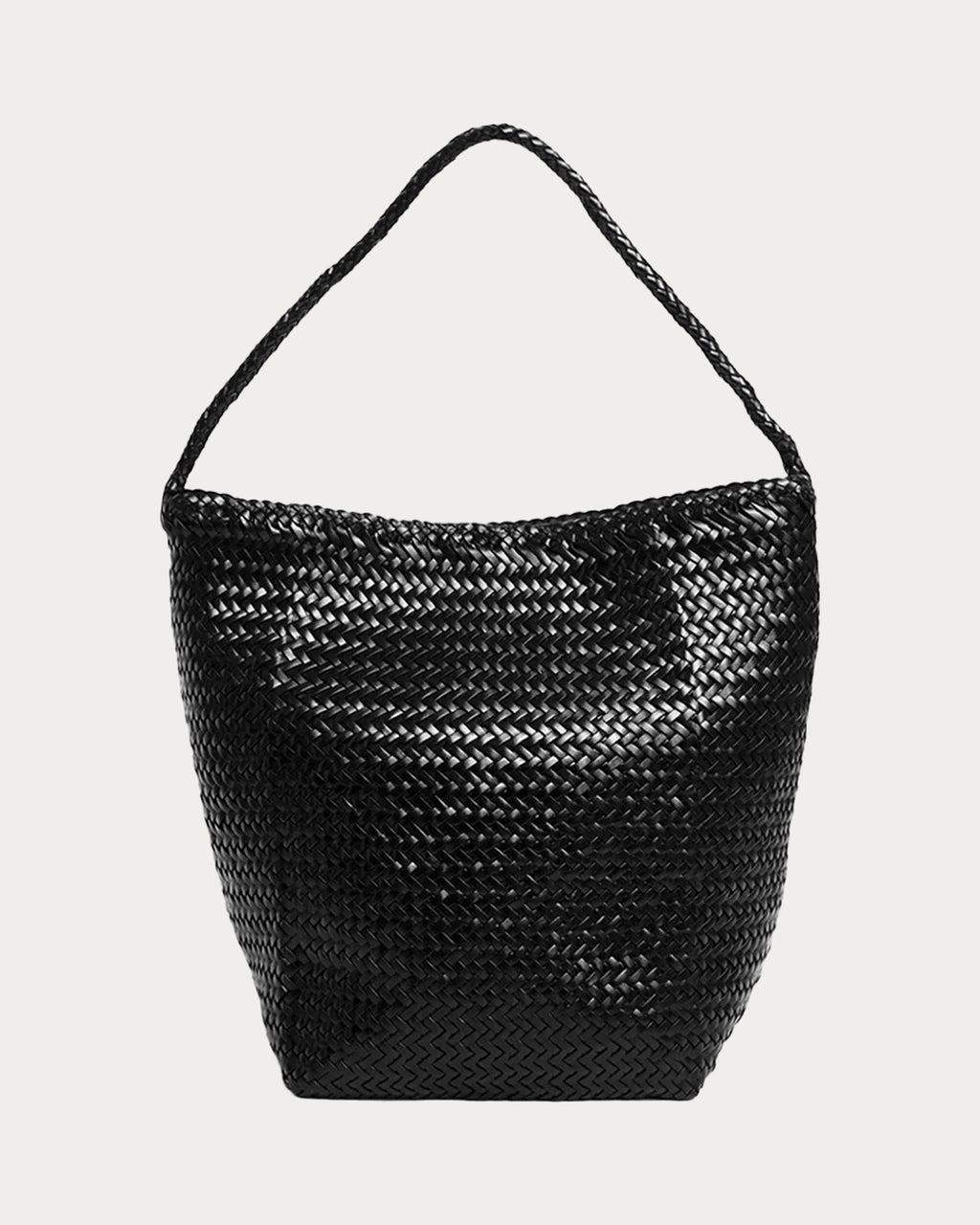 ALEO Toka Woven Tote in Black, front view on soft stone background