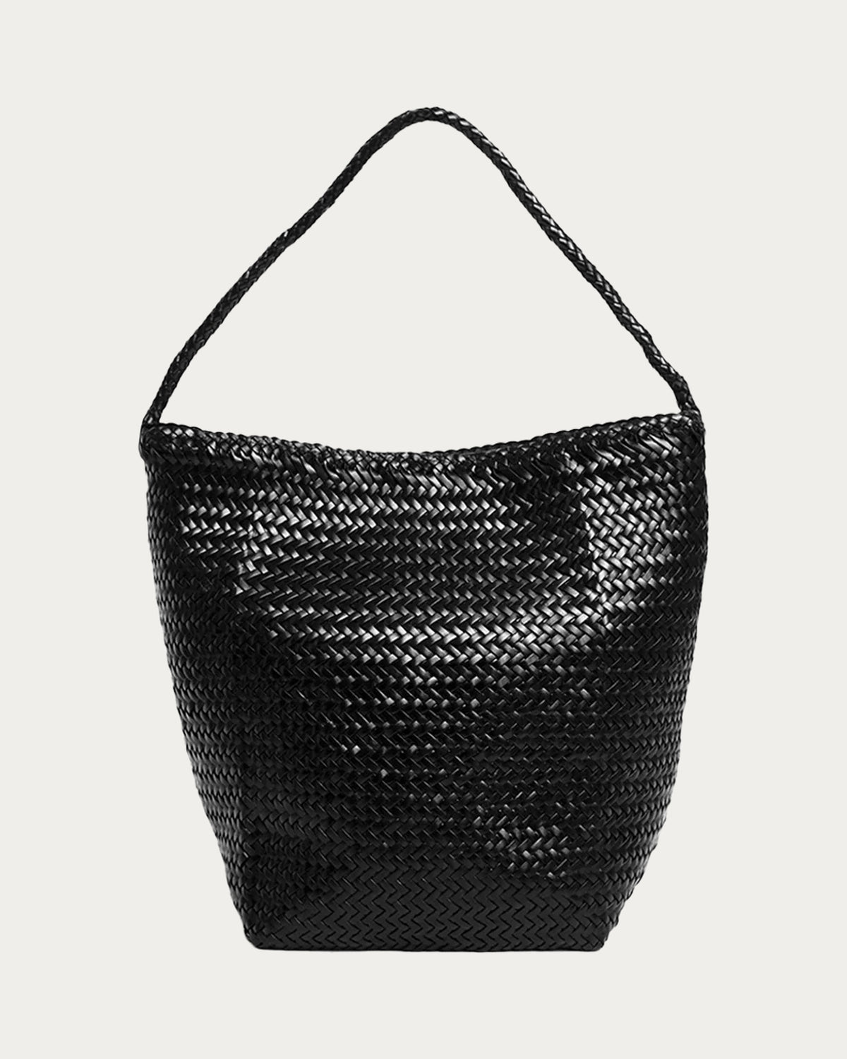 ALEO Toka Woven Tote in Black, front view on soft stone background