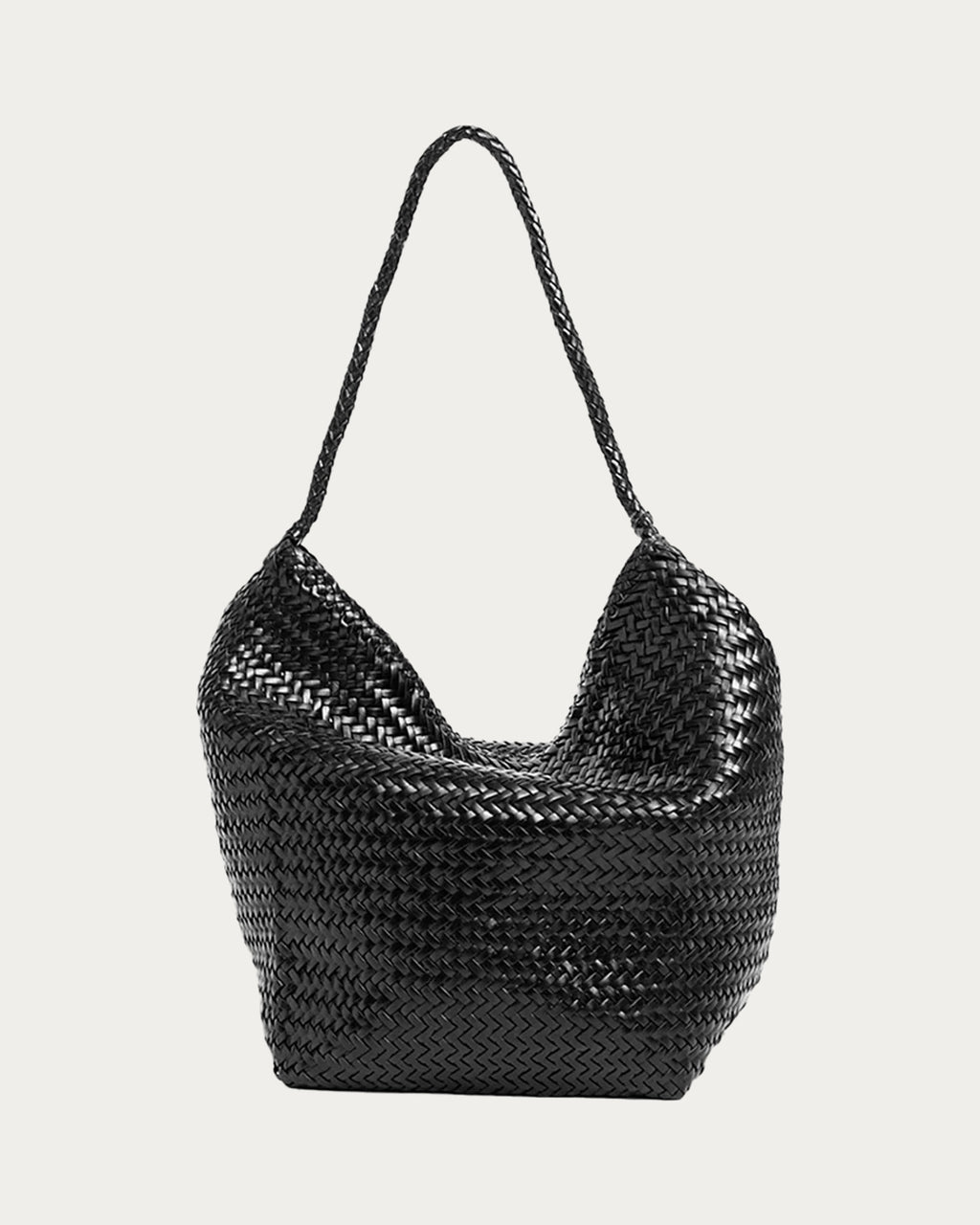 ALEO Toka Woven Tote in Black, front view with open top and woven strap, on soft stone background