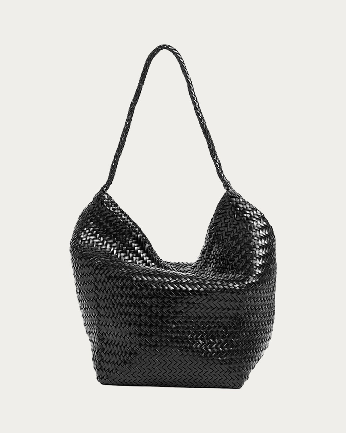 ALEO Toka Woven Tote in Black, front view with open top and woven strap, on soft stone background