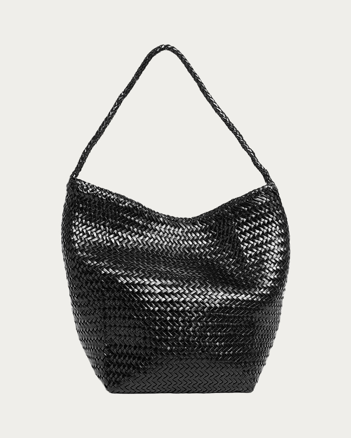 ALEO Toka Woven Tote in Black, front view with tubular woven shoulder strap, on soft stone background