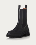 Alias Mae Electra black leather Chelsea boot, angled front view with pull tabs and chunky sole