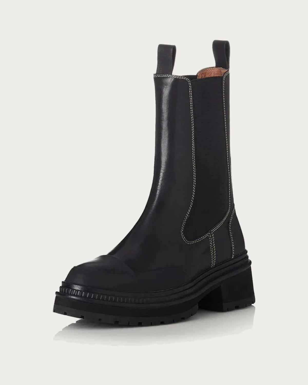 Alias Mae Electra black leather Chelsea boot, angled front view with pull tabs and chunky sole