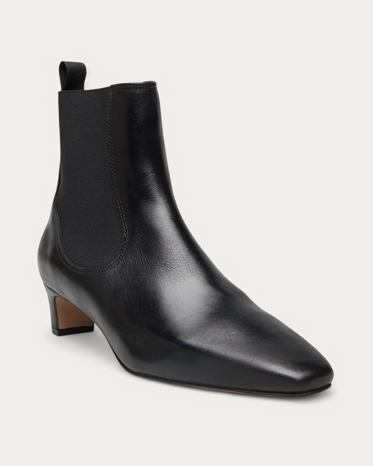 Anonymous Copenhagen Gaby 40 Black Leather Ankle Boot with Elastic, three-quarter view
