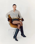 Anonymous Copenhagen Jasmina 50 black leather knee high boot styled on a model