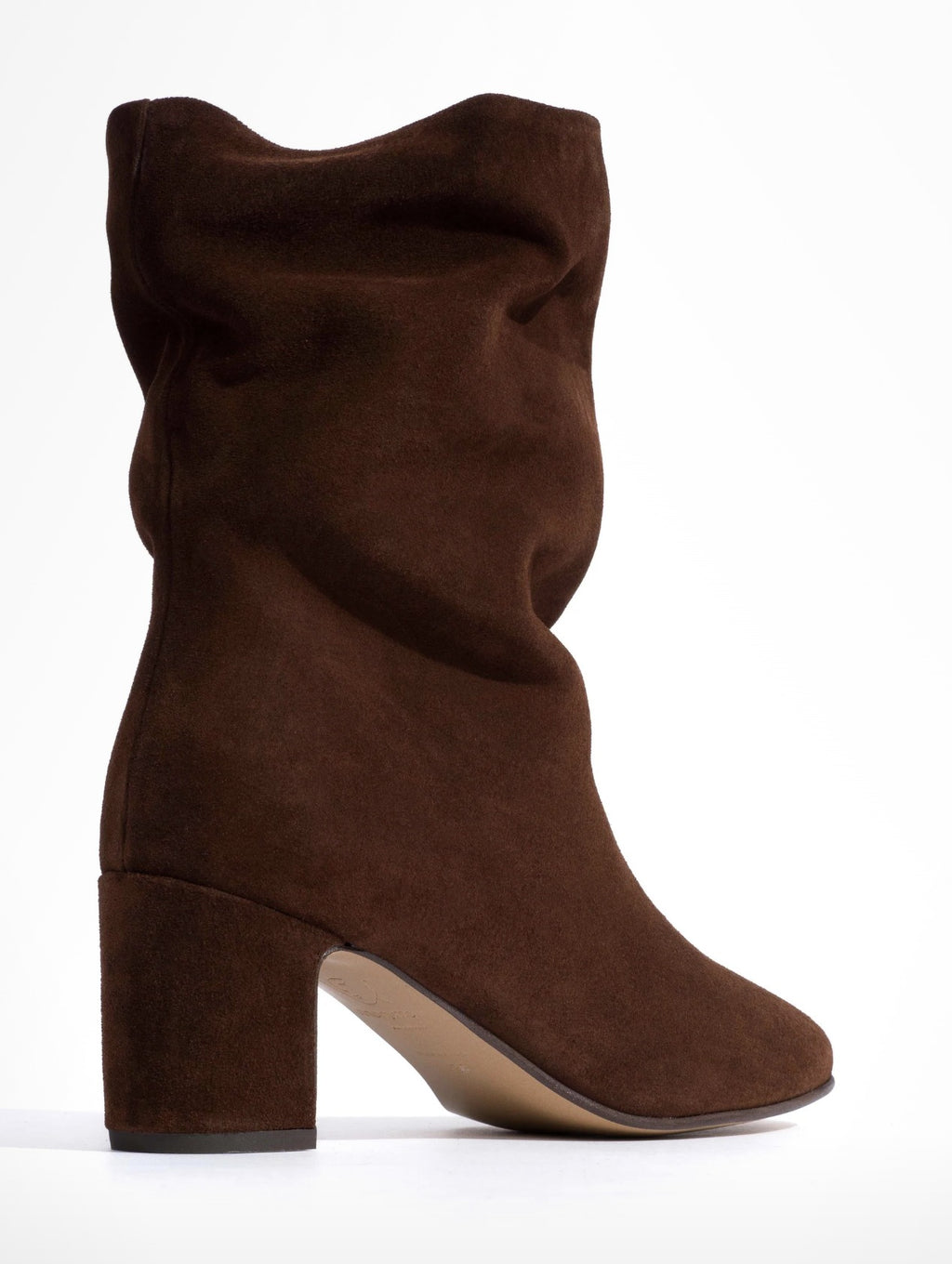 Anonymous Copenhagen Lully 55 chocolate suede boot, back three-quarter view showing the block heel