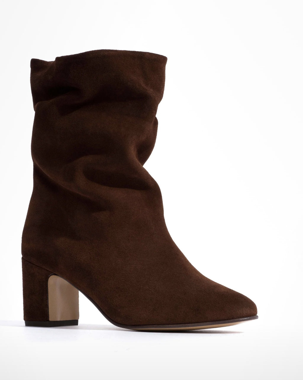 Anonymous Copenhagen Lully 55 chocolate suede boot, front three-quarter view showing the slouchy shaft