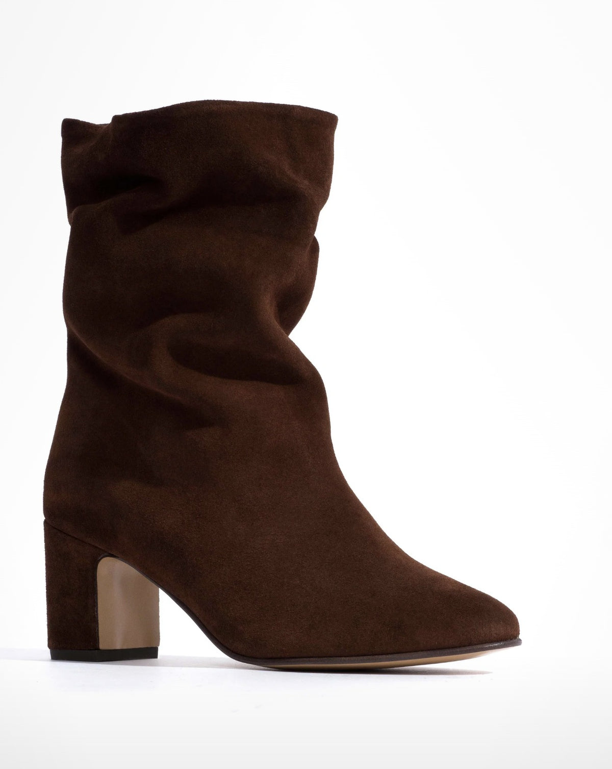 Anonymous Copenhagen Lully 55 chocolate suede boot, front three-quarter view showing the slouchy shaft