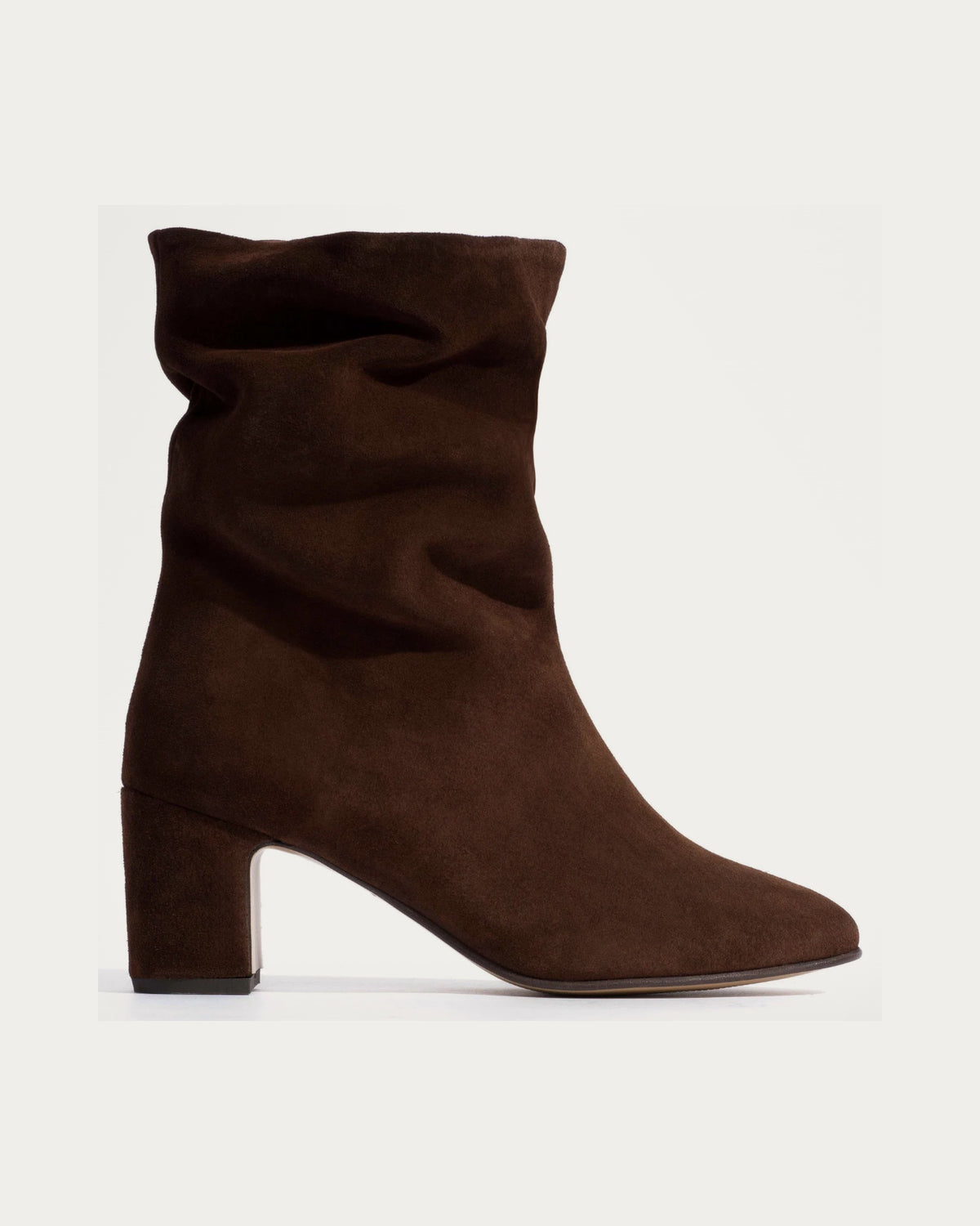 Anonymous Copenhagen Lully 55 chocolate calf suede slouch mid-calf boot with a 55 mm block heel, side profile
