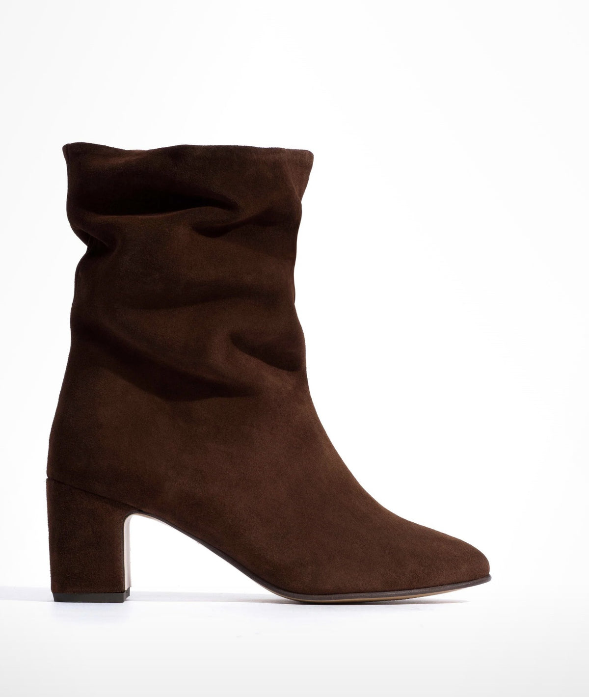 Anonymous Copenhagen Lully 55 chocolate suede boot, full side view on white background