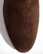 Close-up of the chocolate calf suede toe of the Anonymous Copenhagen Lully 55 boot
